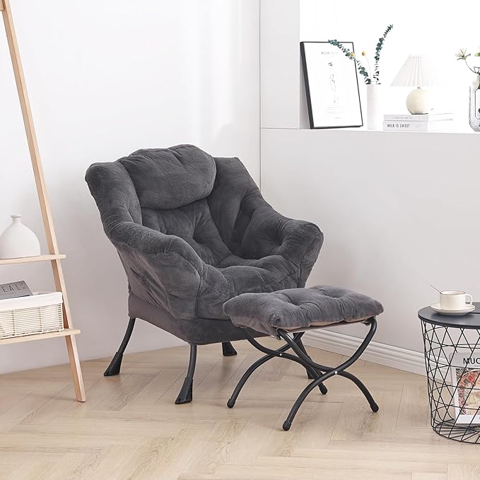 LITA Lazy Chair with Ottoman, Modern Accent Leisure Upholstered Sofa Chair, Lounge Reading Chair with Armrests and a Side Pocket for Living Room, Bedroom & Small Space, Plush Navy - LeafyLoom