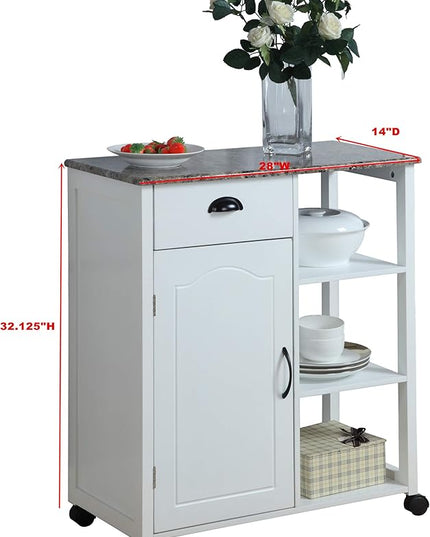 King's Brand White Finish Wood & Marble Vinyl Top Kitchen Storage Cabinet Cart - LeafyLoom