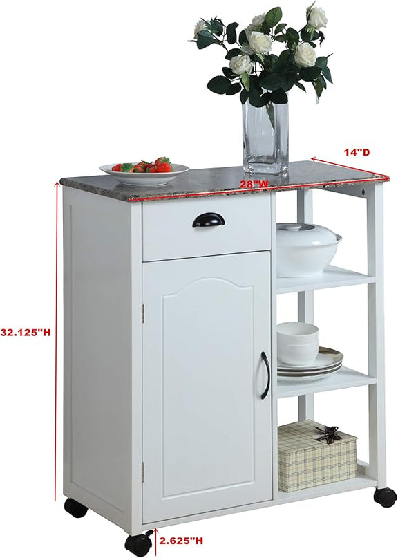 King's Brand White Finish Wood & Marble Vinyl Top Kitchen Storage Cabinet Cart - LeafyLoom