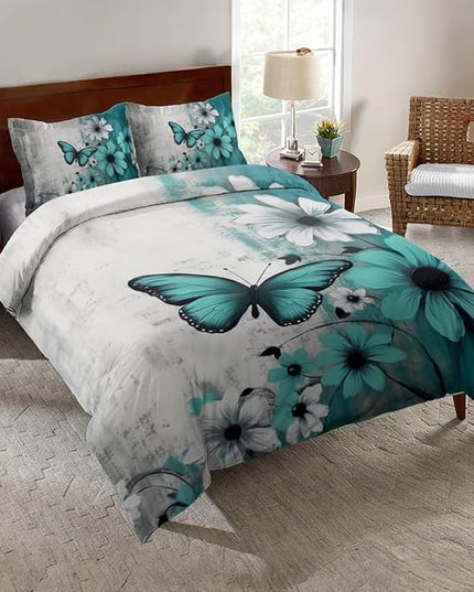 Butterfly Flowers Comforter Sets Full Size, Vintage Floral Butterfly Kids Bedding Sets for girls Teens 3 Piece Bedroom Decor - LeafyLoom