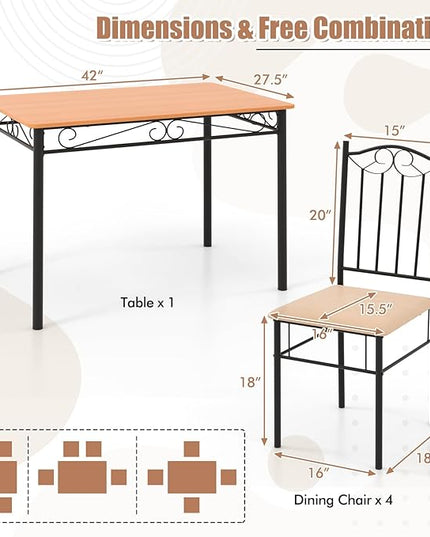 LUARANE 5-Piece Dining Table Set, Rectangular Dining Table with 4 Cushioned Chairs, Modern Wooden Breakfast Table Set for Small Spaces, Apartment, Dinette, Breakfast Nook, Black + Natural - LeafyLoom