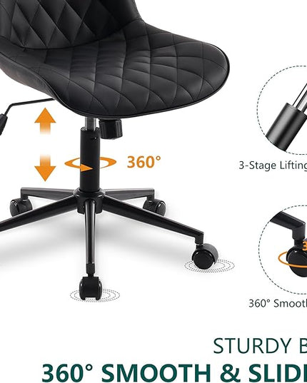 YOUNUOKE Comfortable Desk Chair, Home Office Chairs with Wheels, Armless Samll Comfy Vanity Chairs, PU Leather Computer Task Work Desk Chairs, Black - LeafyLoom