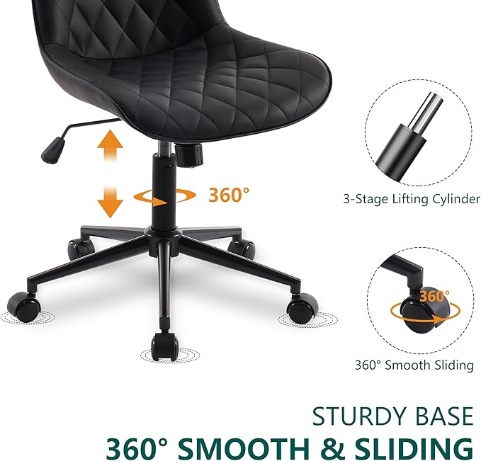 YOUNUOKE Comfortable Desk Chair, Home Office Chairs with Wheels, Armless Samll Comfy Vanity Chairs, PU Leather Computer Task Work Desk Chairs, Black - LeafyLoom