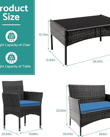 Patio Furniture, 4 Piece Conversation Set, Outdoor Wicker Rattan Table and Chairs, Sectional Sofa with Thick Cushion for Garden, Yard, or Porch, Black - LeafyLoom