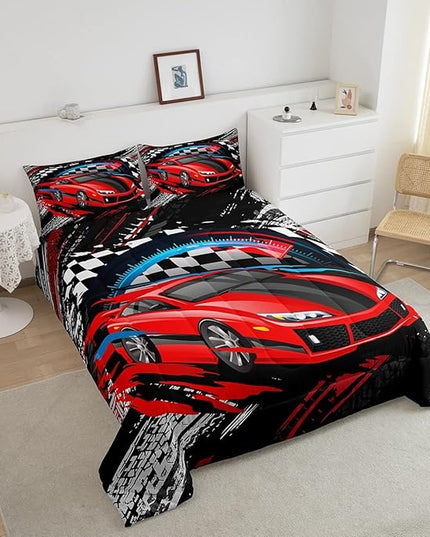 Car Bedding Set for Boys Queen Size Racing Sports Car Comforter Kids Extreme Sports Theme Comforter Set Girls Children Bedroom Teens Cool Speed Automobile Decor Bed Duvet Set Soft Lightweight - LeafyLoom
