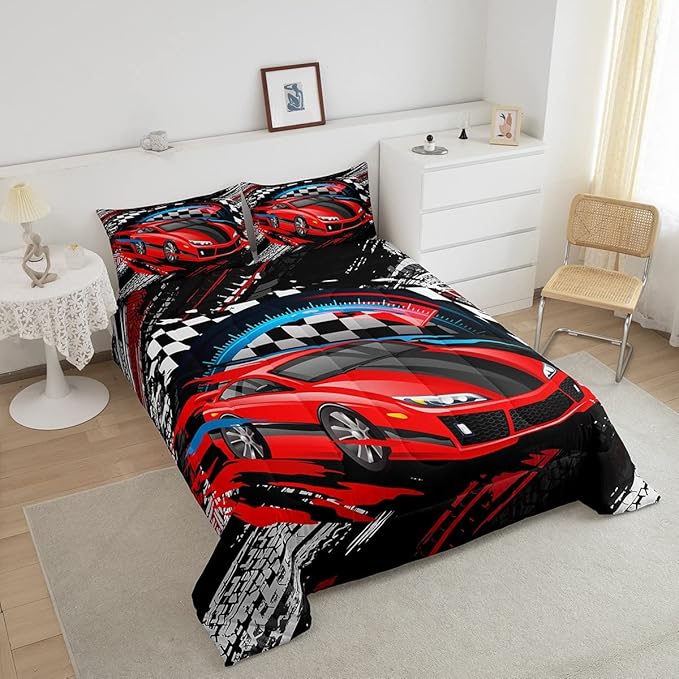 Car Bedding Set for Boys Queen Size Racing Sports Car Comforter Kids Extreme Sports Theme Comforter Set Girls Children Bedroom Teens Cool Speed Automobile Decor Bed Duvet Set Soft Lightweight - LeafyLoom