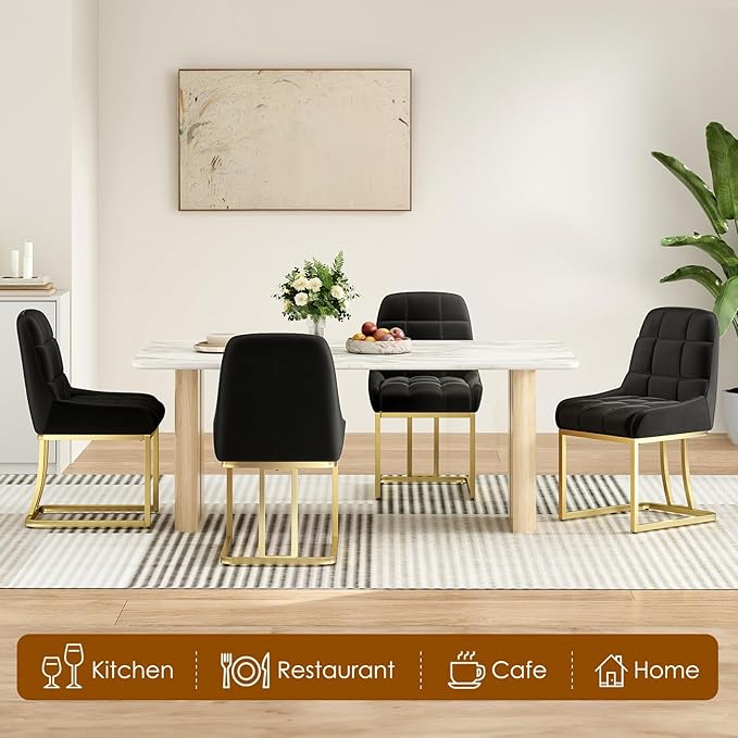 STARY Upholstered Velvet Armless Dining Room Chairs with Gold Metal Legs for Kitchen Restaurant, Black- Set of 4 - LeafyLoom
