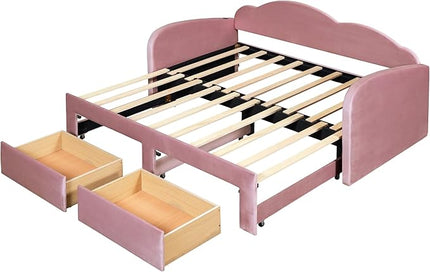 Twin Size Velvet Upholstered Daybed with Cloud-Shaped Backrest and Trundle,Wooden Storage Bed Frame W/Drawers & USB Ports,Convert to King-Size Bed,for Living Room Apartment,Pink - LeafyLoom