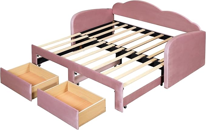 Twin Size Velvet Upholstered Daybed with Cloud-Shaped Backrest and Trundle,Wooden Storage Bed Frame W/Drawers & USB Ports,Convert to King-Size Bed,for Living Room Apartment,Pink - LeafyLoom