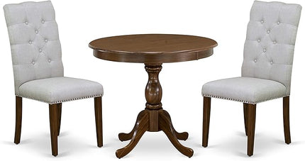 East West Furniture Antique 3 Piece Room Furniture Set Contains a Round Kitchen Table with Pedestal and 2 Grey Linen Fabric Parsons Dining Chairs, 36x36 Inch, Walnut - LeafyLoom