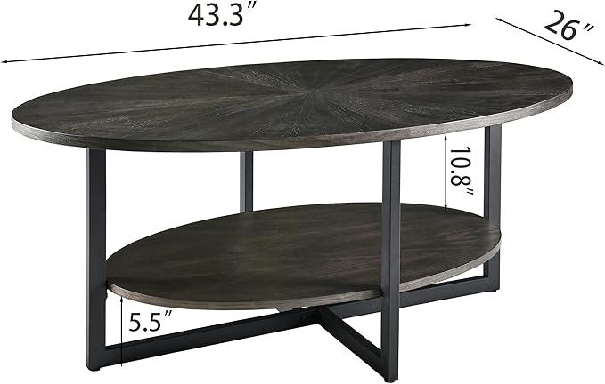 Solid Wood Oval Coffee Table with Cross Metal Legs, 43.3in Modern Industrail Center Table with Open Shelf Cocktail Tea Table for Living Room Bedroom, Rustic Black 1811BK - LeafyLoom