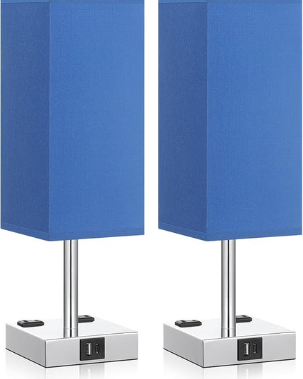 aooshine SW1 Blue Touch Lamp Set of 2 with USB Port Nightstand Lamp with USB-C+A Charge Ports& AC Outlets, 3-Way Dimmable Bedside Lamp, Small Table Lamp for Bedroom Living Room (Bulb Included) - LeafyLoom