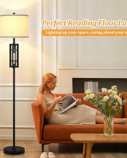 Farmhouse Floor Lamp with Night Light, Black Standing Lamp for Living Room, 2 E26 LED Bulbs Included, Industrial Floor Reading Lamp with Beige Fabric Lampshade, 64” Tall Lamp for Bedroom Office Corner - LeafyLoom