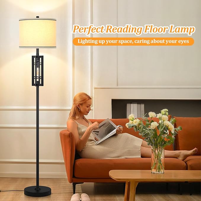 Farmhouse Floor Lamp with Night Light, Black Standing Lamp for Living Room, 2 E26 LED Bulbs Included, Industrial Floor Reading Lamp with Beige Fabric Lampshade, 64” Tall Lamp for Bedroom Office Corner - LeafyLoom