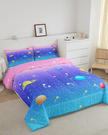 Erosebridal Cute Galaxy Comforter Set King for Boys Girls Kids Stars Planet Space Bedding Set Kawaii Rainbow Pastel Bedding Comforter Sets Pink Blue Purple Ombre Cartoon Quilt Duvet 2 Pillow Cases - LeafyLoom