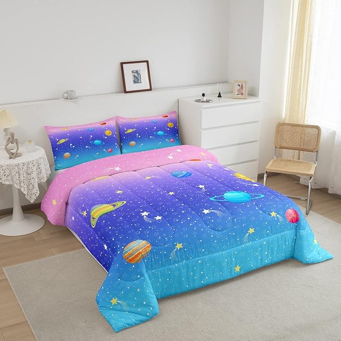 Erosebridal Cute Galaxy Comforter Set King for Boys Girls Kids Stars Planet Space Bedding Set Kawaii Rainbow Pastel Bedding Comforter Sets Pink Blue Purple Ombre Cartoon Quilt Duvet 2 Pillow Cases - LeafyLoom