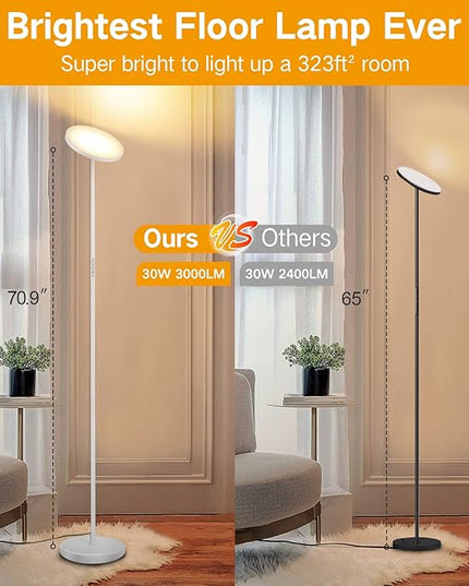 OUTON Floor Lamp, 30W/3000LM LED Modern Torchiere Sky Lamp, Bright Dimmable Standing Tall Lamp with 4 Color Temperatures, Remote Touch Control, 1 Hour Timer for Living Room Bedroom Office, White - LeafyLoom