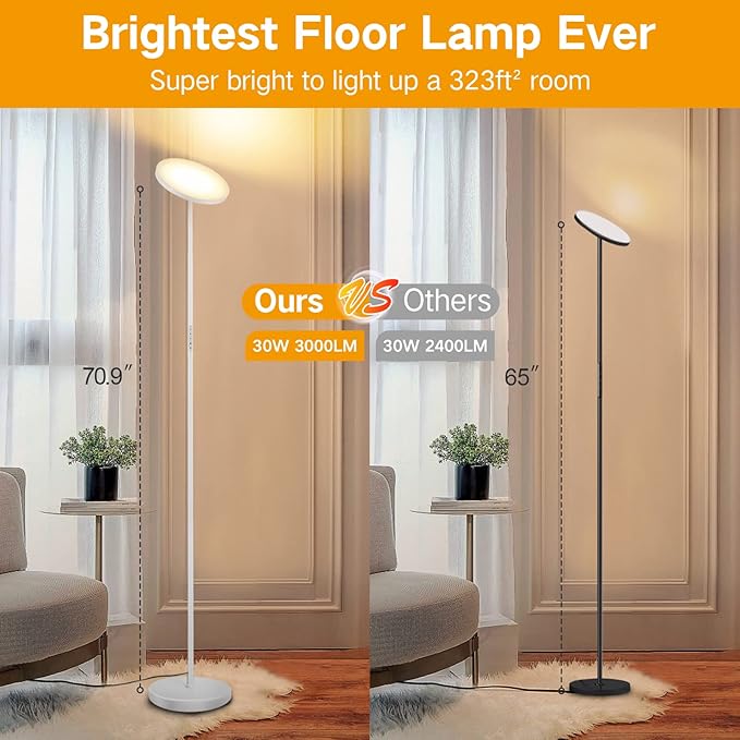 OUTON Floor Lamp, 30W/3000LM LED Modern Torchiere Sky Lamp, Bright Dimmable Standing Tall Lamp with 4 Color Temperatures, Remote Touch Control, 1 Hour Timer for Living Room Bedroom Office, White - LeafyLoom