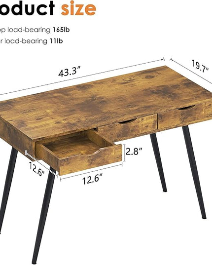 SogesHome 43.3'' Computer Desk, Home Office Work Table with 3-Drawers, Gaming Working Writing Table, Vintage Brown - LeafyLoom