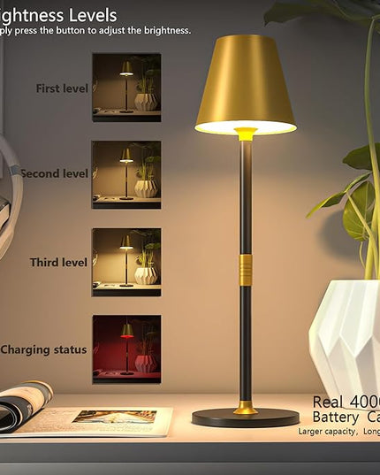 LED CordlessTable Lamp,4000mAh Rechargeable Battery Desk lamp,3 Level Brightness Beside Night Light, Minimalist Design, for Couple Dinner/Coffee Table/Restaurant/Bedroom(Gold&Black 4PACK) - LeafyLoom