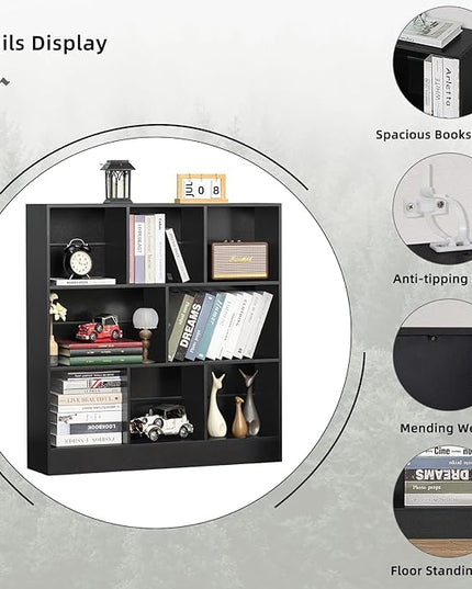 YAHARBO Black Wide Bookshelf,3 Tier Modern Horizontal Bookcase,Wood Low Bookshelves Display Storage Cabinet with Base,Floor Standing 8 Cube Large Bookcases Organizer for Bedroom,Living Room,Office - LeafyLoom