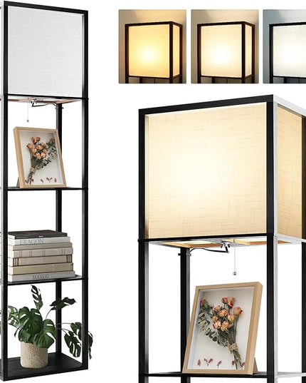 Wide Floor Lamp with Shelves for Living Room Bedroom Office, 4-Tier 2700 4000K 5000K Color Selectable Modern Shelf Floor Lamp with 15W LED Bulb Black. - LeafyLoom