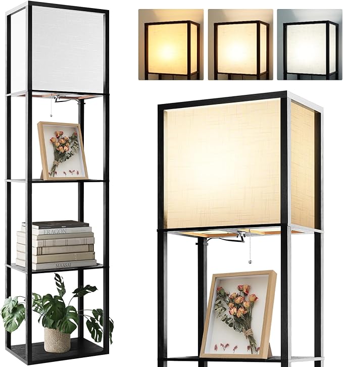 Wide Floor Lamp with Shelves for Living Room Bedroom Office, 4-Tier 2700 4000K 5000K Color Selectable Modern Shelf Floor Lamp with 15W LED Bulb Black. - LeafyLoom