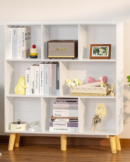 YAHARBO 8 Cube White Bookshelf,3 Tier Book Shelf with Legs,Modern Minimalist Bookcase,Open Book Shelves Storage Organizer,Frees Standing Wooden Display Bookcases for Small Space,Bedroom,Living Room - LeafyLoom