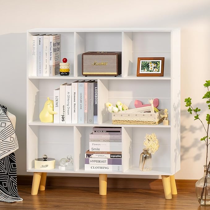 YAHARBO 8 Cube White Bookshelf,3 Tier Book Shelf with Legs,Modern Minimalist Bookcase,Open Book Shelves Storage Organizer,Frees Standing Wooden Display Bookcases for Small Space,Bedroom,Living Room - LeafyLoom