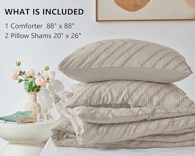 CozyLux Queen Comforter Set Beige - 3 Pieces Boho Tufted Shabby Chic Bedding Comforter Set for All Seasons, Chevron Bedding Sets with Comforter & 2 Pillow Shams - LeafyLoom