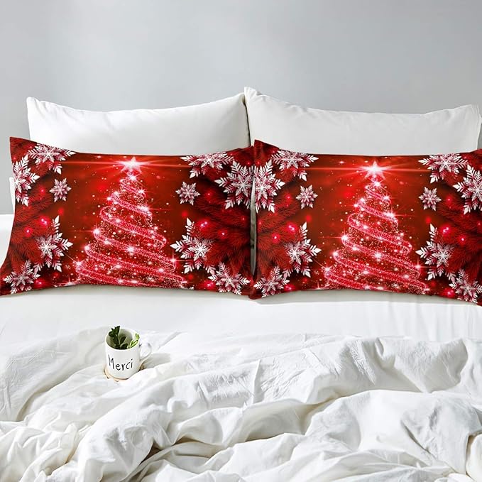 Christmas Tree Comforter Set for Children Kids Boys Girls Luxury Chic Xmas Theme Bedding Set Glitter Snowflake Star Comforter Microfiber Red Duvet Set Room Decor Quilt Set Full Size - LeafyLoom