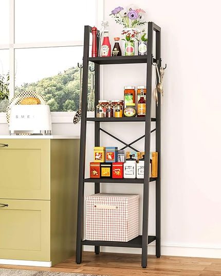 YMYNY 4 Tiers Ladder Bookcase, Industrial Narrow Bookshelf, Open Display Rack with 4 S Hooks, Metal Storage Shelves for Bedroom, Home Office, Living Room, Black, 49.2H*13.4L*11.8W, UHBC024B - LeafyLoom