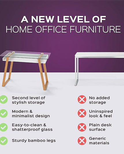 bonVIVO Massimo Small Desk - 43 Inch, Modern Computer Desk for Small Spaces, Living Room, Office and Bedroom - Study Table w/Glass Top and Shelf Space - White - LeafyLoom