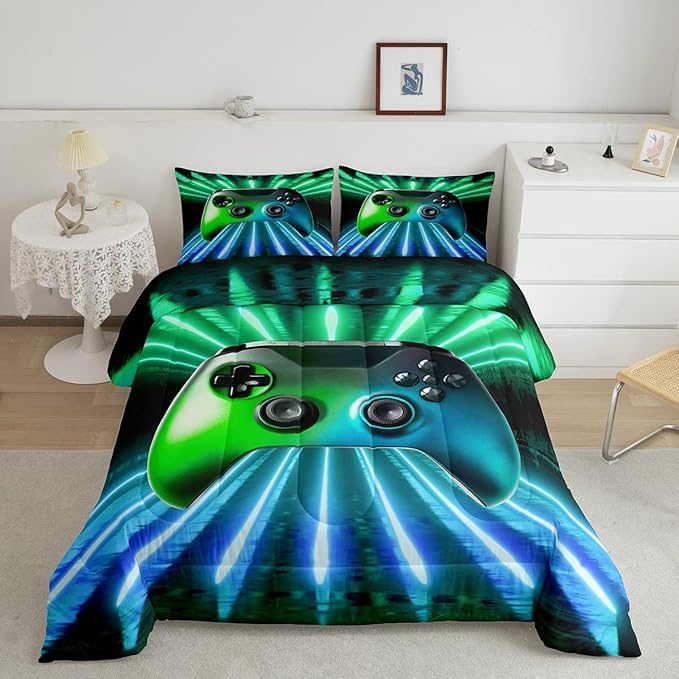 Erosebridal Green Blue Gamepad Comforter Set, Game Player Bedding Set Full Size Modern Gamer Gaming Quilted Duvet Neon Trippy Duvet Set for Kids Boys Girls Teens Young Man Room Decorative - LeafyLoom