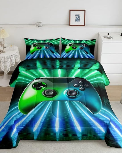 Erosebridal Green Blue Gamepad Comforter Set, Game Player Bedding Set Queen Size Modern Gamer Gaming Down Comforter Neon Trippy Quilt Set for Kids Boys Girls Teens Young Man Room Decorative - LeafyLoom