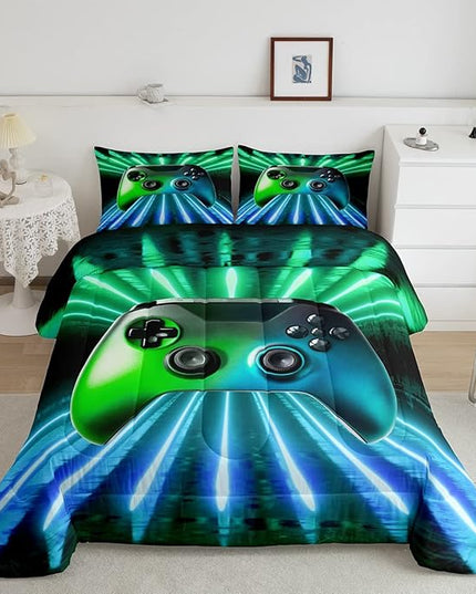 Erosebridal Green Blue Gamepad Comforter Set, Game Player Bedding Set Twin Size Modern Gamer Gaming Quilted Duvet Neon Trippy Duvet Set for Kids Boys Girls Teens Young Man Room Decorative - LeafyLoom