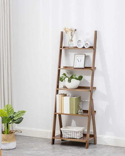 Bookshelf & Ladder Shelf &Storage Rack & Multipurpose Bamboo Organizer Shelves Furniture for Home Office, Living Room, Kitchen, Office 5 Tier （Brown） - LeafyLoom