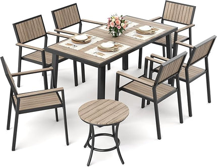 Pamapic 8-Piece Patio Dining Set，Outdoor Aluminum Furniture Set with Plastic-Wood Table Top,Outdoor Furniture Set with 6 Outdoor Stackable Chairs for Patio Garden Poolside (Black) - LeafyLoom