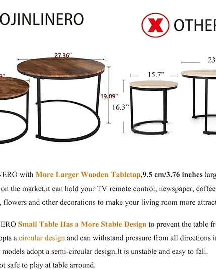 Industrial Round Coffee Table Set of 2 End Table for Living Room,Stacking Side Tables, Sturdy and Easy Assembly,Wood Look Accent Furniture with Metal Frame,Black+Rustic Brown - LeafyLoom