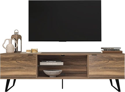 Atelier Mobili Mid Century Modern TV Stand Farmhouse TV Stand Entertainment Center for Living Room | Walnut TV Stand with Glass Shelf | Fits 80 Inch TV | Soft Closing Hinges | Storage for Bedroom - LeafyLoom