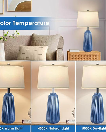 25inch Modern Ceramic Table Lamps Set of 2,Blue Tall Nightstand Lamp 3-Way Dimmable Farmhouse End Table Lamps for Living Room Bedroom,Bulbs Included - LeafyLoom