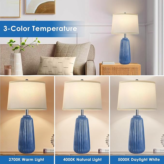 25inch Modern Ceramic Table Lamps Set of 2,Blue Tall Nightstand Lamp 3-Way Dimmable Farmhouse End Table Lamps for Living Room Bedroom,Bulbs Included - LeafyLoom