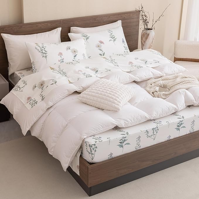 QSH Floral Queen Size Sheet Sets - 100% Egyptian Cotton Sheets Elegant Flower Pattern Printed Bedding Sheets Queen Size Bed Extra Soft and Breathable 4pcs Deep Pockets Bed Sheets - LeafyLoom