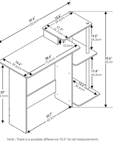 Furinno Efficient Computer Desk, Square Side Shelf, White/White - LeafyLoom