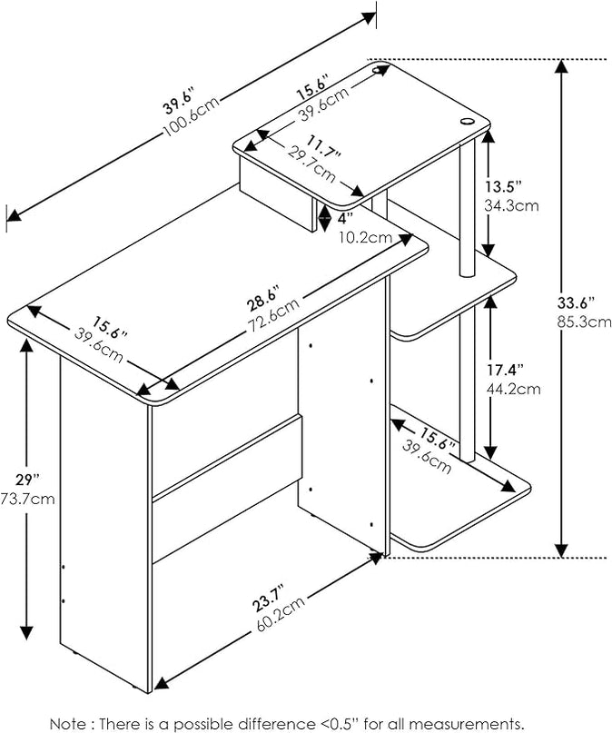 Furinno Efficient Computer Desk, Square Side Shelf, White/White - LeafyLoom