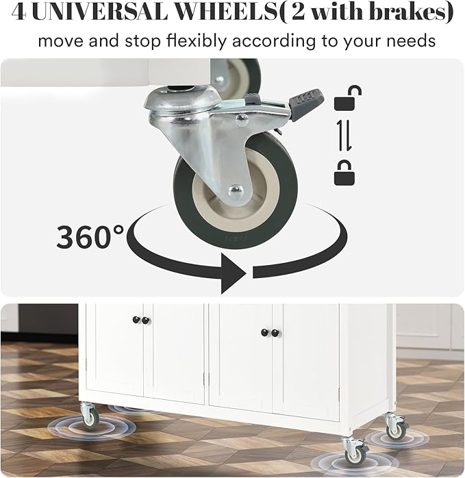 Large Kitchen Island On Wheels with Storage 54in Width Mobile Moveable Portable Rolling White Wood Island for Kitchen Dining Room with Drawers Cabinet Spice Rack Towel Rack - LeafyLoom