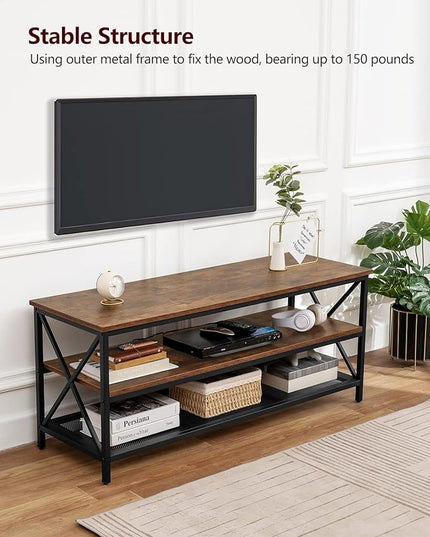 WEENFON Wood TV Stand for 55 Inch TV, 47 Inch Metal TV Table with Adjustable Leg, Unique Rustic Storage Shelve for Living Room, 3-Tiers TV Console for Bedroom, Rustic Brown - LeafyLoom