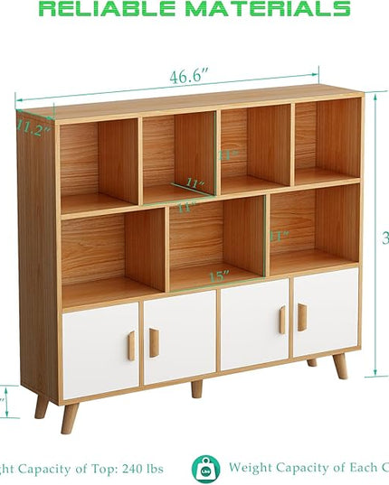 Cubby Shelf Bookcase with Doors - Wooden 11 Cube Floor Standing Open Bookshelf with Solid Wood Legs, 3-Tier Storage Cabinet, Oak and Warm White - LeafyLoom