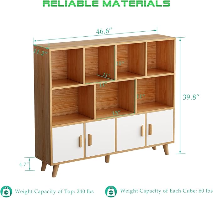 Cubby Shelf Bookcase with Doors - Wooden 11 Cube Floor Standing Open Bookshelf with Solid Wood Legs, 3-Tier Storage Cabinet, Oak and Warm White - LeafyLoom