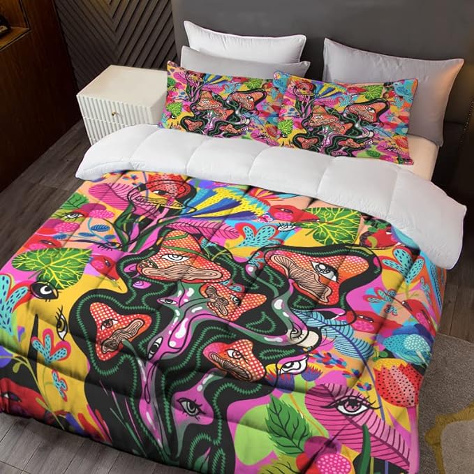 Sunnycitron Kids Comforter set Queen size Colorful Mushroom Comforter Sets Mandala Mushroom Bedding Hippie Bed Comforter Set - Fade Resistant (1 Comforter + 2 Pillowcases) - LeafyLoom